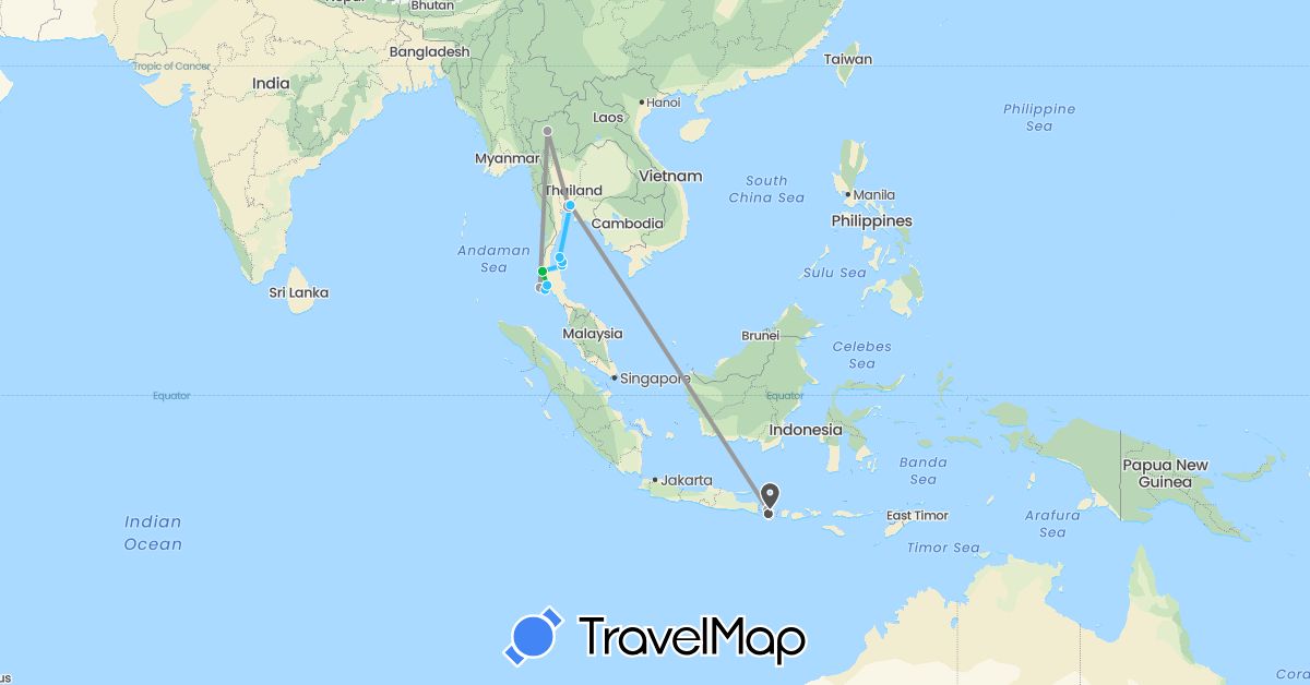 TravelMap itinerary: driving, bus, plane, boat, motorbike in Indonesia, Thailand (Asia)
